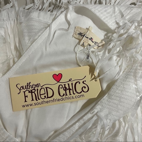 Southern Fried Chics Promise Forever Dress White Fringe Size Large Bride Country - Picture 7 of 7